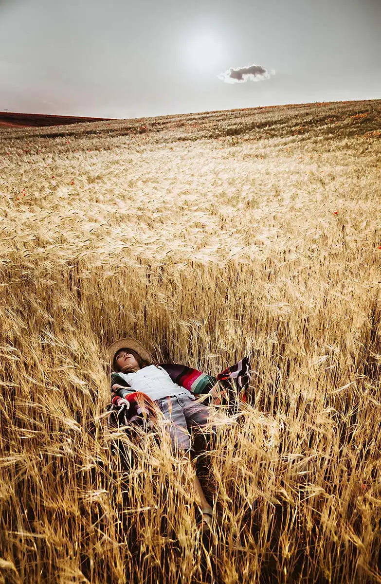 der gröoße Junge der Famlien bei beim Fotoshooting tief versunken leigend im leuchtenden Kornfeld in der Uckermark