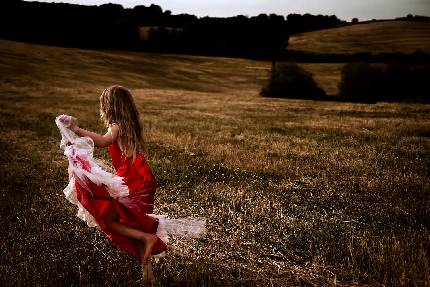 Mädchen im roten Kleid rennt beim Geschwisterfoto Shooting über das Stoppelfeld